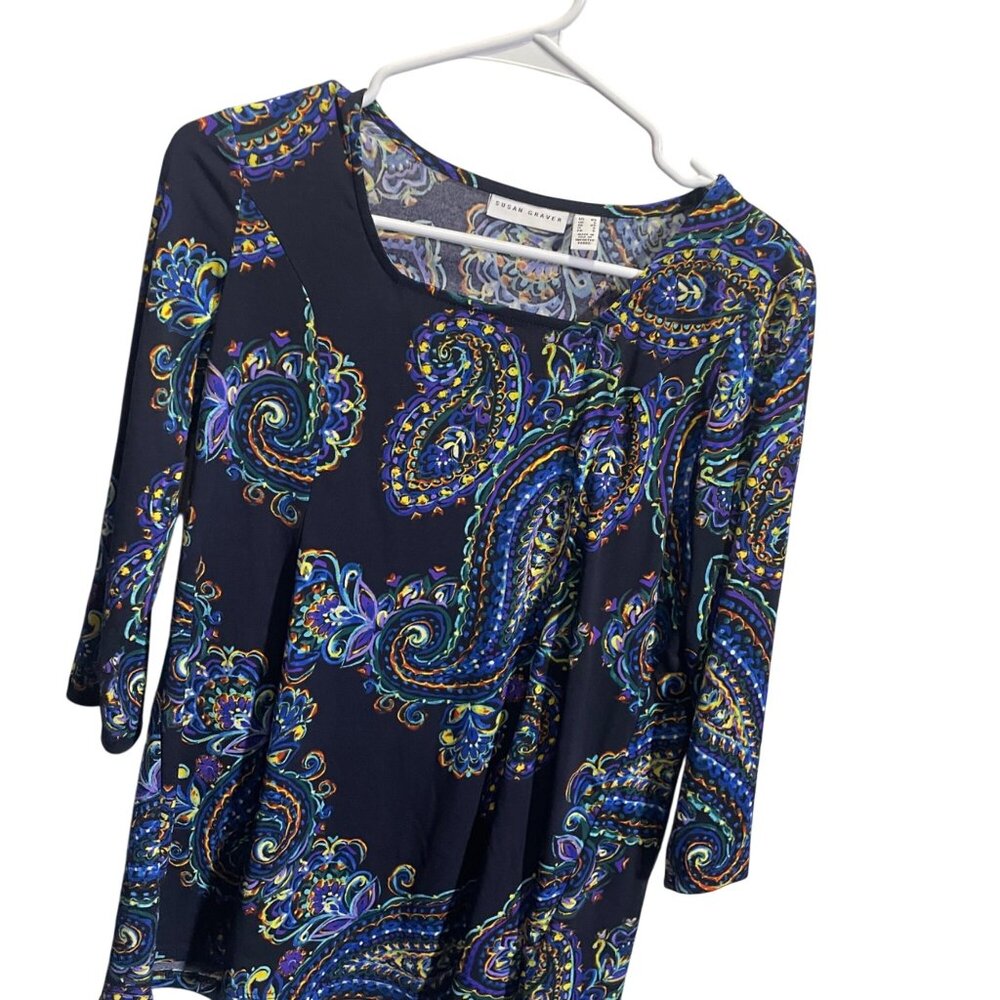 Susan Graver XS Blue Paisley Print‎ 3/4 Sleeve Tunic Top